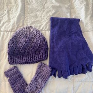 Handmade Purple Knit Hat, Scarf, and Gloves Set